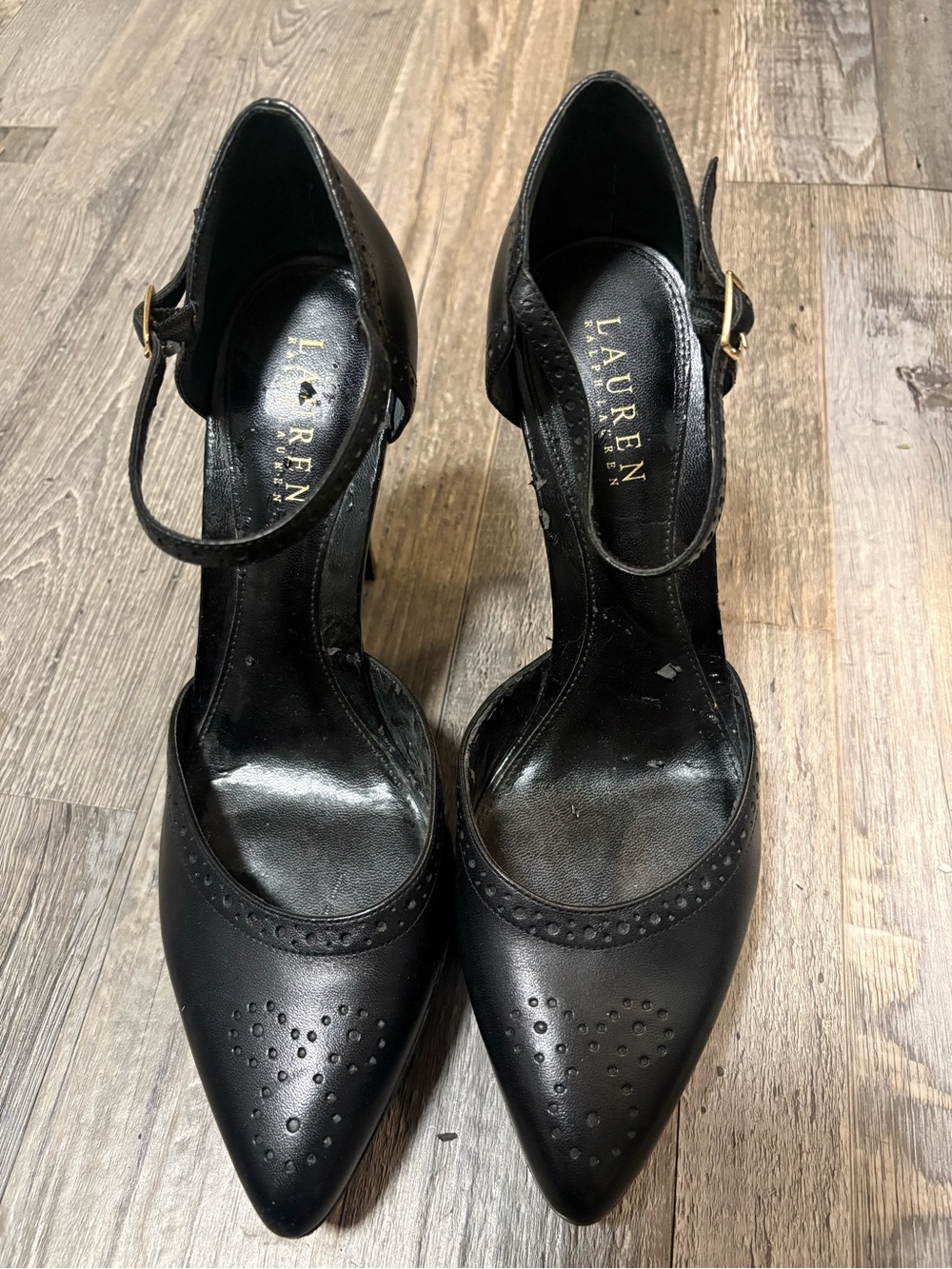 Lauren Ralph Lauren Black Pointed Toe Ankle Strap Pumps with Perforated Detail